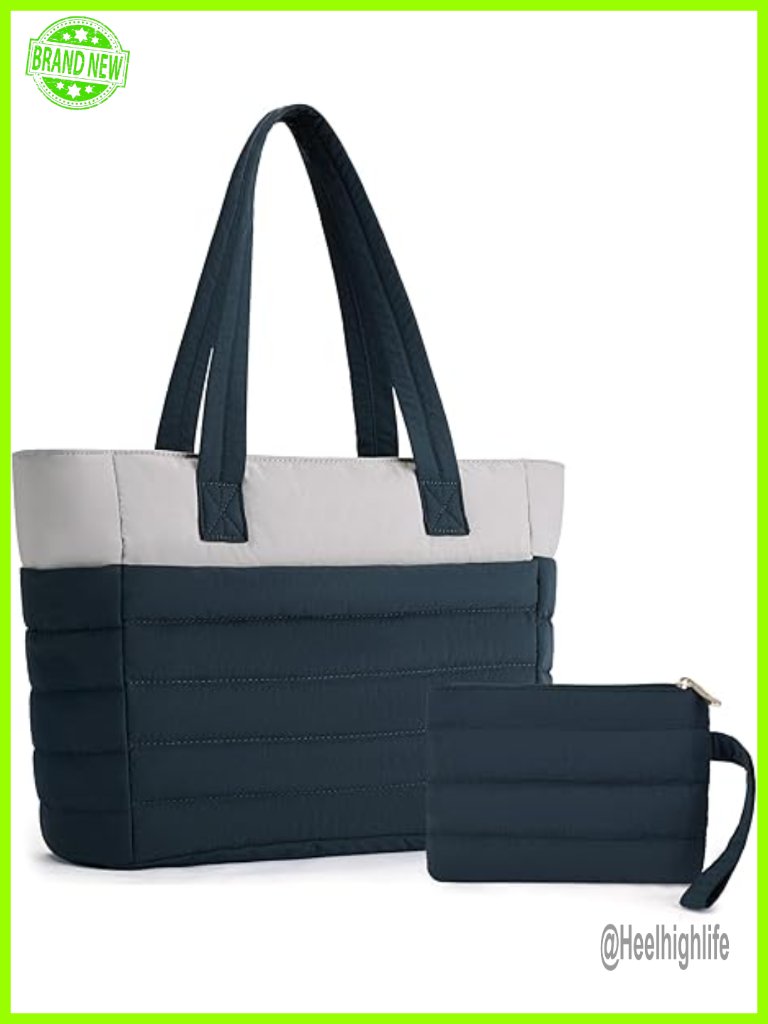 Quilted Puffer Tote Bag With Multi-Pockets, Laptop Compartment And Makeup Pouch